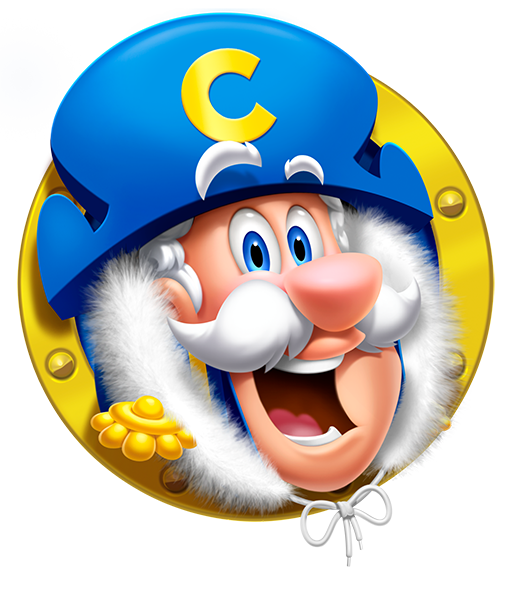 Cap'n Crunch logo with Cap'n Crunch in a parka with a hood lined in white fur sticking his head out a porthole with a big smile.