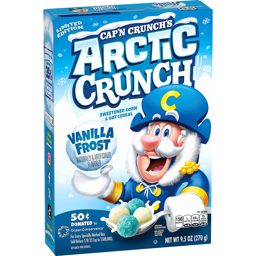 The Limited Edition Cap'n Crunch's Arctic Crunch Vanilla Frost cereal box with Cap'n Crunch holding a spoon of cereal in one hand and a snow ball in the other in front of a snowy mountain background.