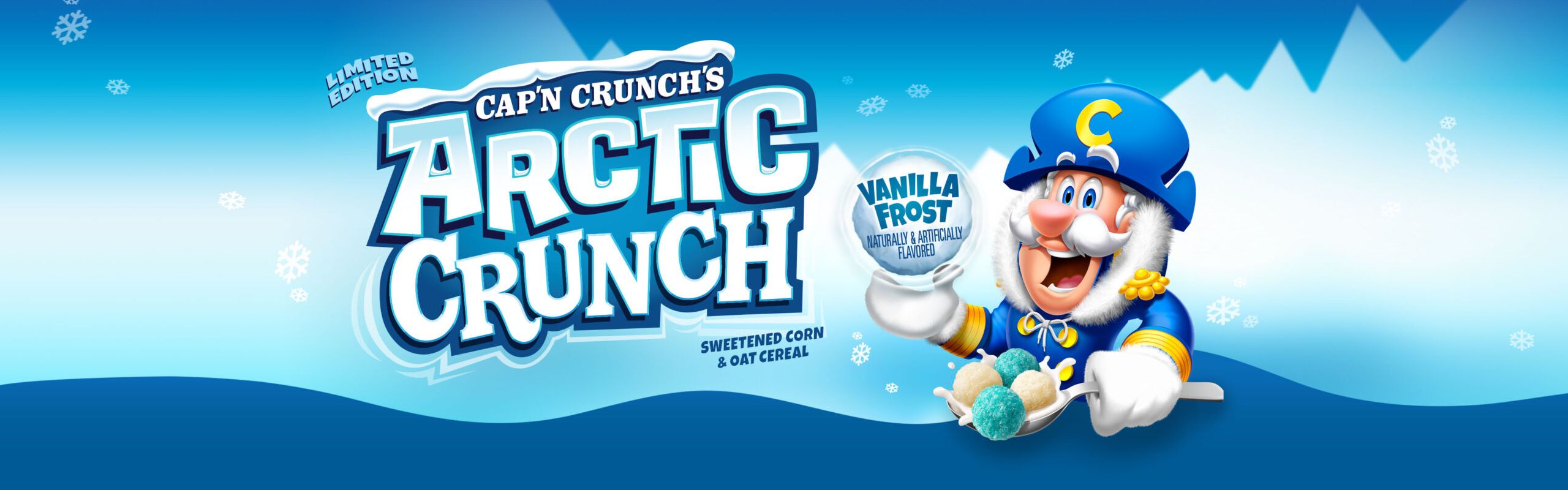 The Limited Edition Cap'n Crunch's Arctic Crunch Vanilla Frost logo with Cap'n Crunch holding a spoon of cereal in one hand and a snow ball in the other in front of a snowy mountain background.